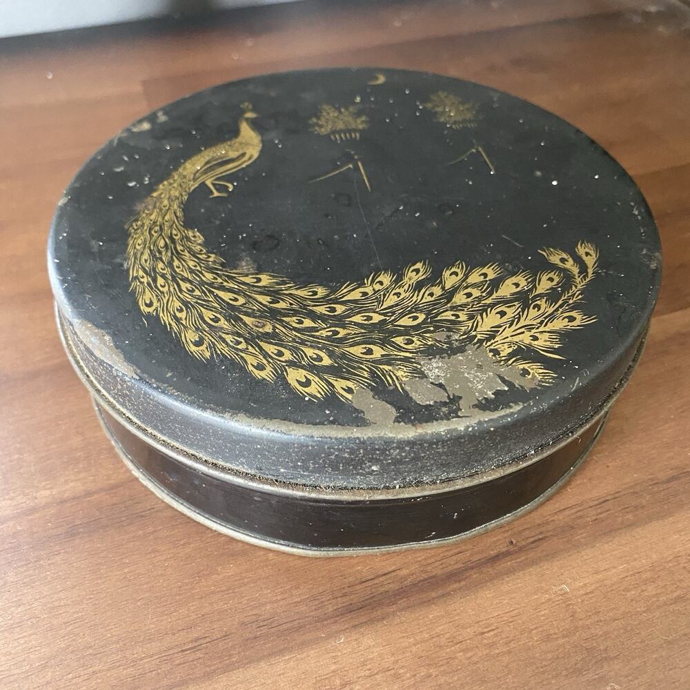 Vintage 1920-30s Round Tindeco Metal Tin Gold Peacock on Black 6” - Picture 2 of 14